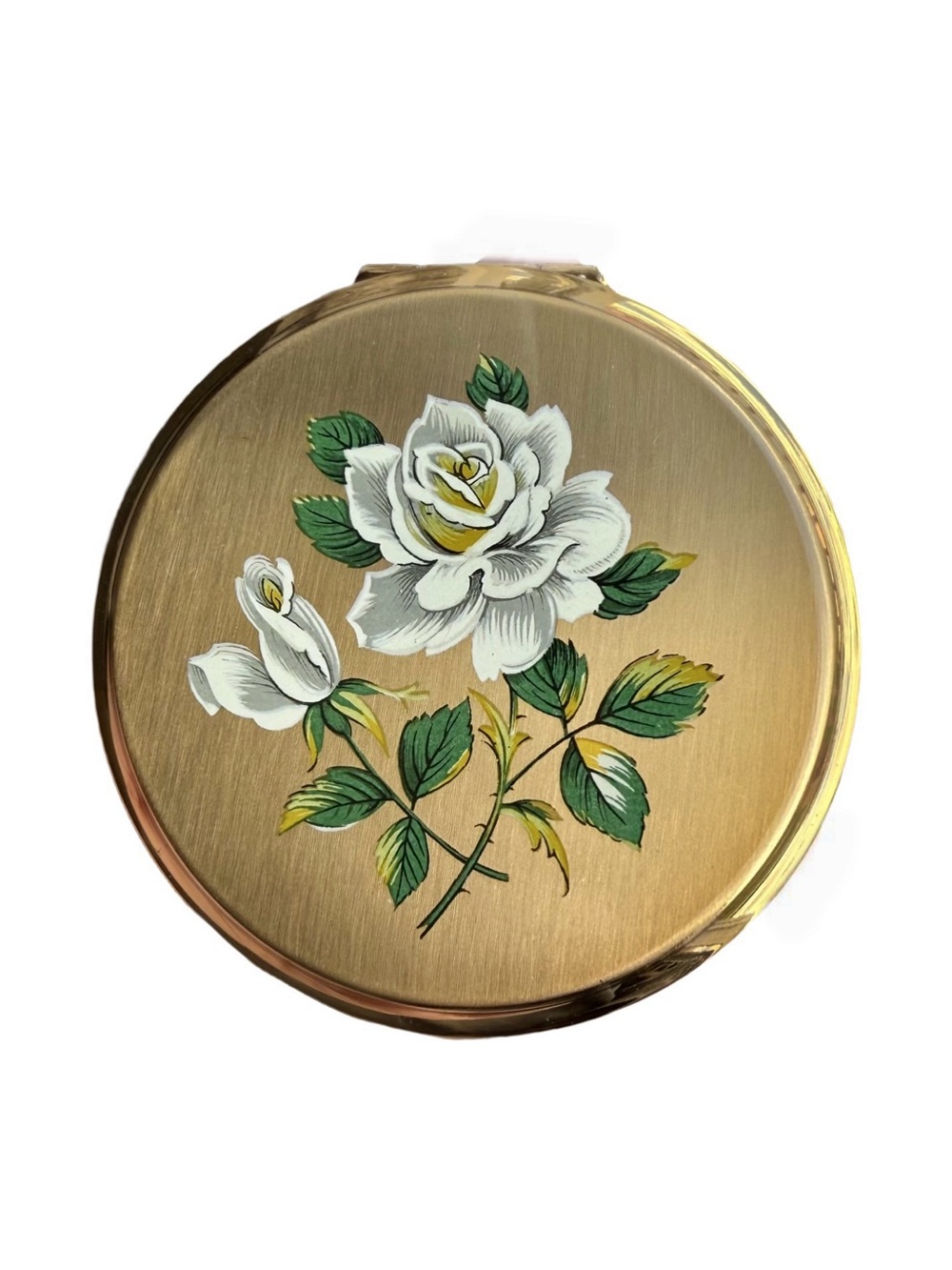 Vintage Mid Century Stratton White Rose Bridal Gold Tone Compact Immaculate